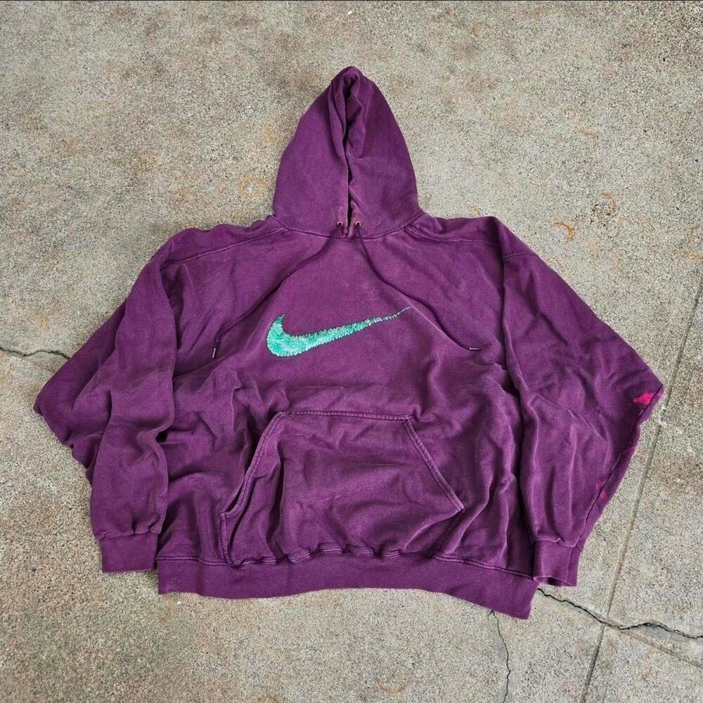 Vtg 90s NIKE Stitch Style Center Swoosh Logo Graphic Baggy Hooded Sweatshirt XL
